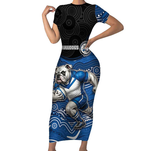 Custom Bulldogs Family Matching Short Sleeve Bodycon Dress and Hawaiian Shirt Dog Mascot With Aboriginal Indigenous