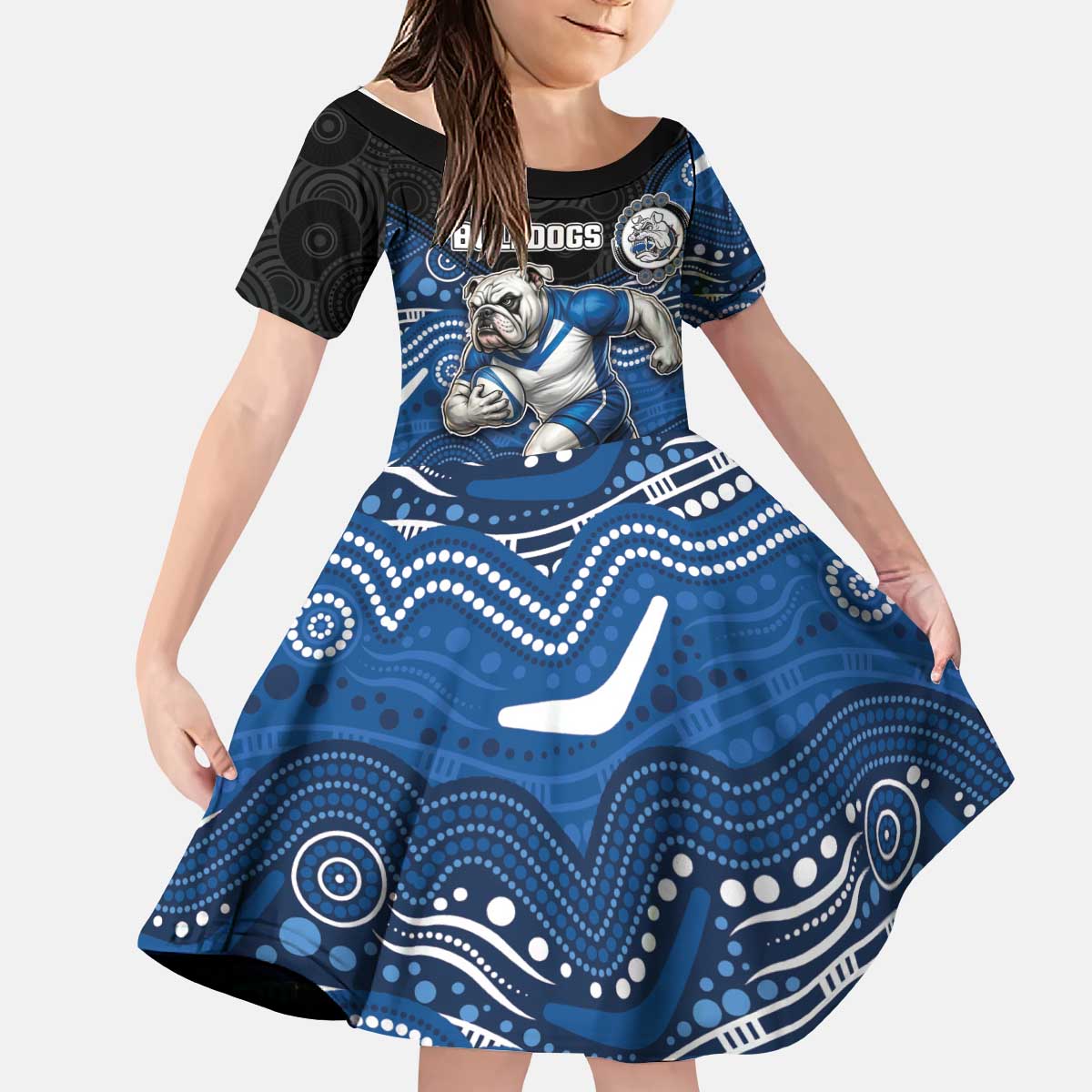 Custom Bulldogs Kid Short Sleeve Dress Dog Mascot With Aboriginal Indigenous