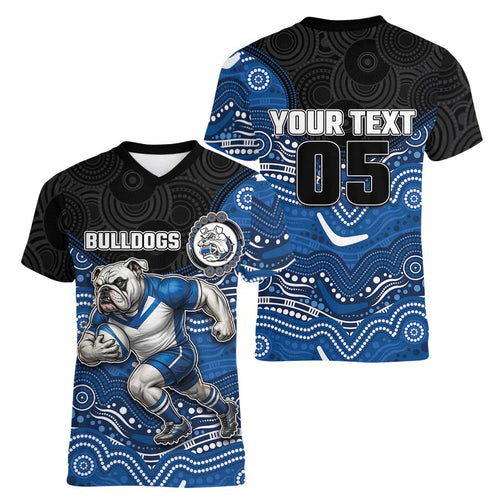 Custom Bulldogs Women V-Neck T-Shirt Dog Mascot With Aboriginal Indigenous