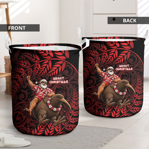New Zealand Christmas Laundry Basket Red Santa Riding Kiwi Bird Silver Fern