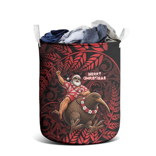 New Zealand Christmas Laundry Basket Red Santa Riding Kiwi Bird Silver Fern