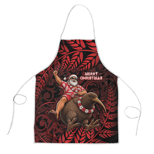 New Zealand Christmas Apron Red Santa Riding Kiwi Bird Silver Fern