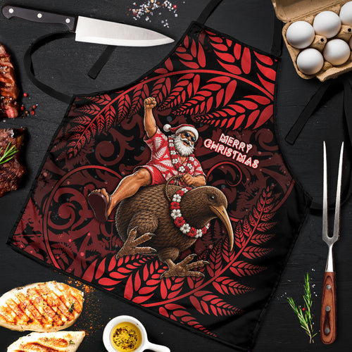 New Zealand Christmas Apron Red Santa Riding Kiwi Bird Silver Fern