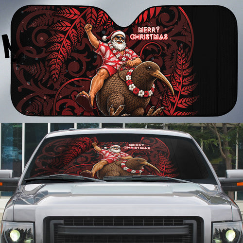 New Zealand Christmas Auto Sun Shade Red Santa Riding Kiwi Bird Silver Fern