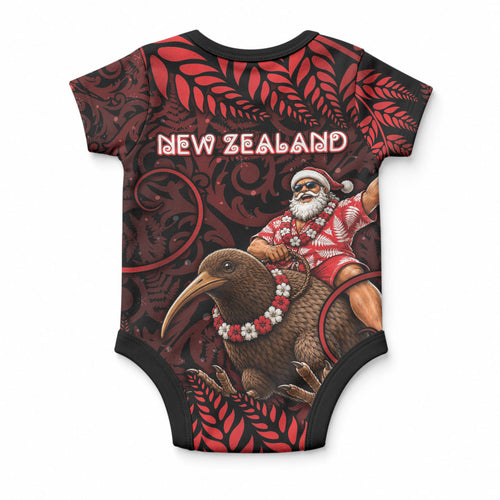 New Zealand Christmas Baby Onesie Red Santa Riding Kiwi Bird Silver Fern