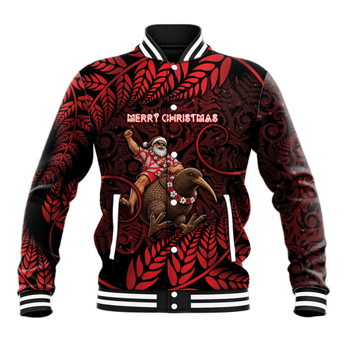 New Zealand Christmas Baseball Jacket Red Santa Riding Kiwi Bird Silver Fern