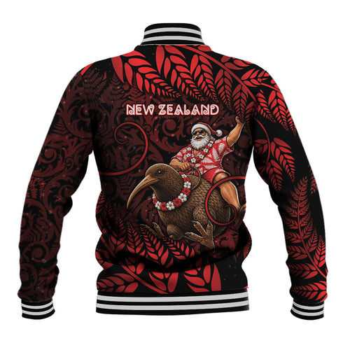 New Zealand Christmas Baseball Jacket Red Santa Riding Kiwi Bird Silver Fern