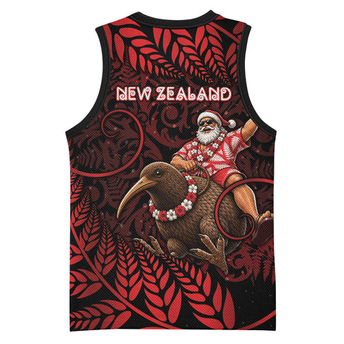 New Zealand Christmas Basketball Jersey Red Santa Riding Kiwi Bird Silver Fern