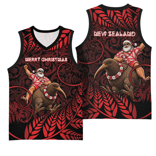 New Zealand Christmas Basketball Jersey Red Santa Riding Kiwi Bird Silver Fern