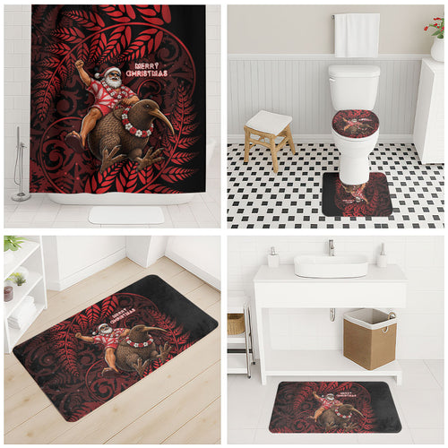 New Zealand Christmas Bathroom Set Red Santa Riding Kiwi Bird Silver Fern