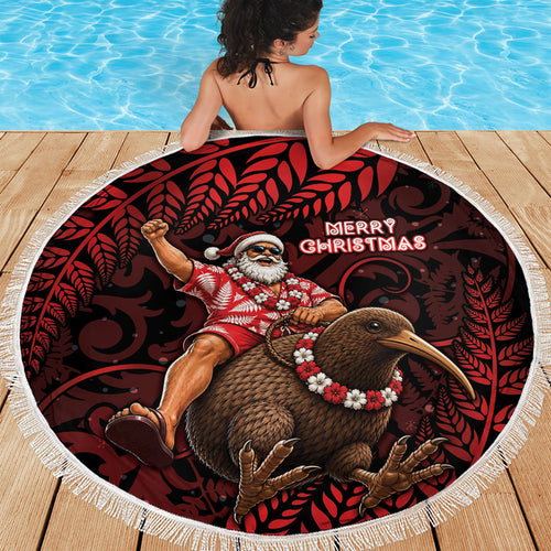 New Zealand Christmas Beach Blanket Red Santa Riding Kiwi Bird Silver Fern
