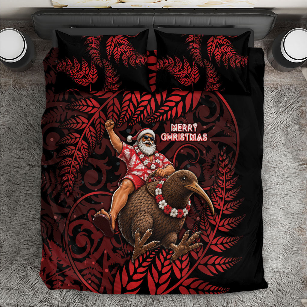 New Zealand Christmas Bedding Set Red Santa Riding Kiwi Bird Silver Fern