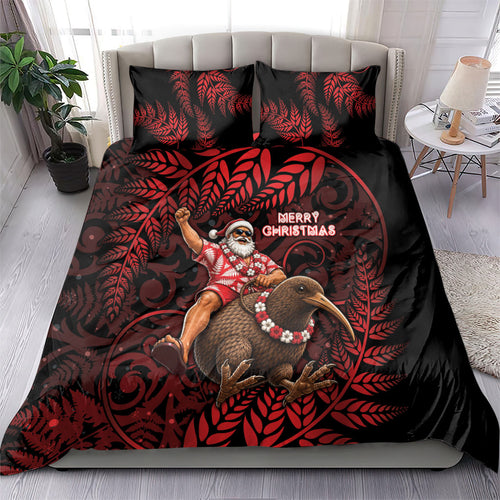 New Zealand Christmas Bedding Set Red Santa Riding Kiwi Bird Silver Fern
