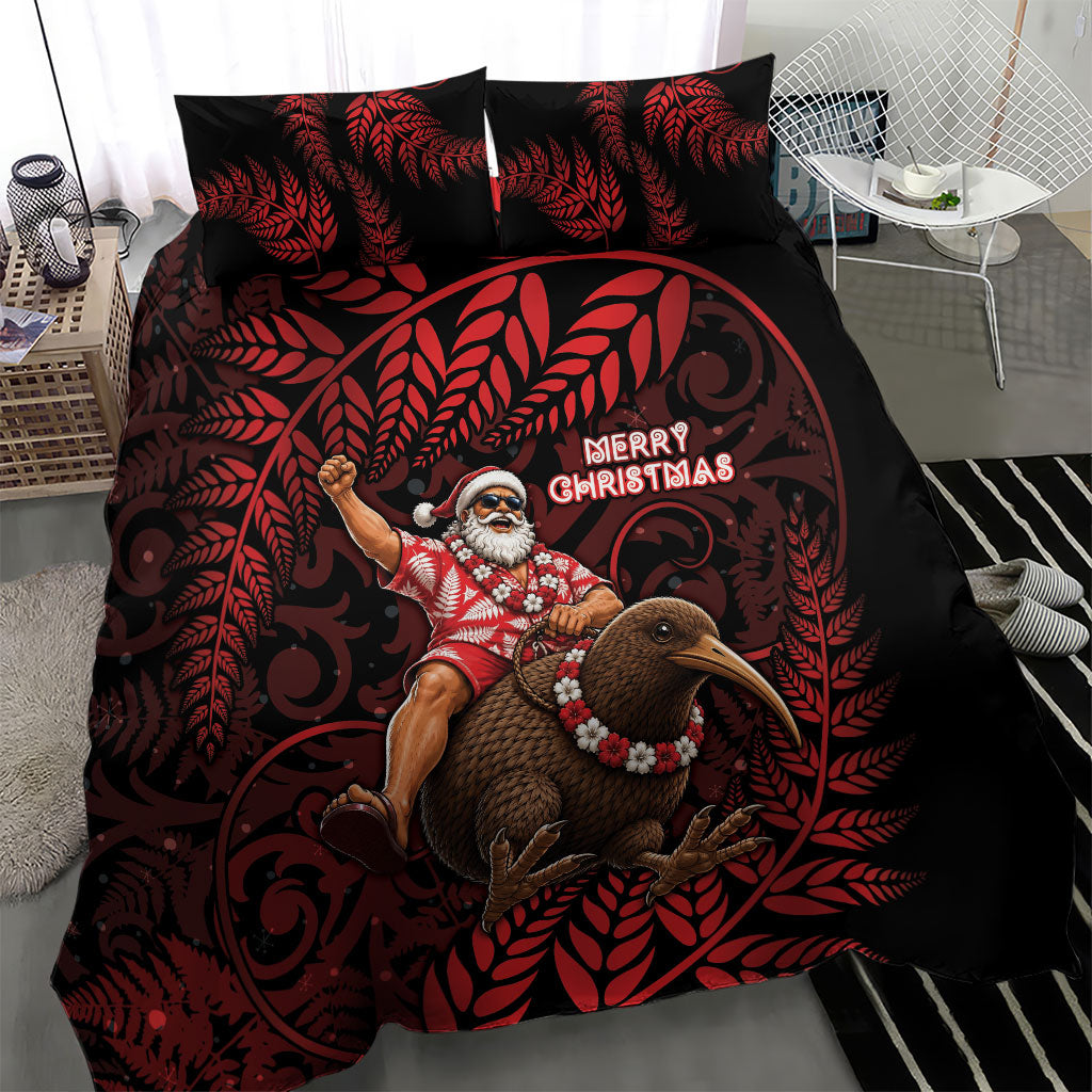 New Zealand Christmas Bedding Set Red Santa Riding Kiwi Bird Silver Fern