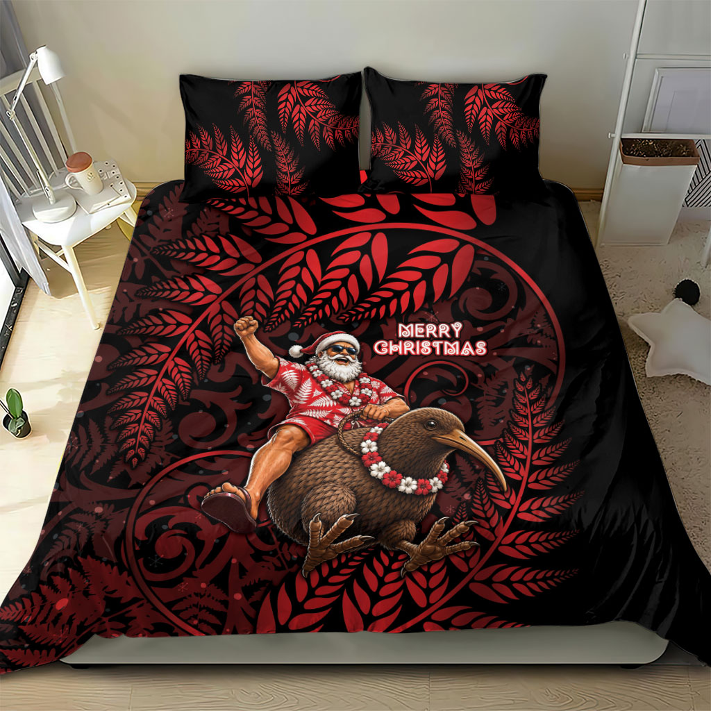 New Zealand Christmas Bedding Set Red Santa Riding Kiwi Bird Silver Fern