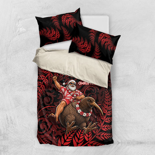 New Zealand Christmas Bedding Set Red Santa Riding Kiwi Bird Silver Fern