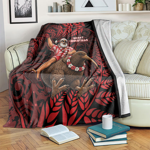 New Zealand Christmas Blanket Red Santa Riding Kiwi Bird Silver Fern