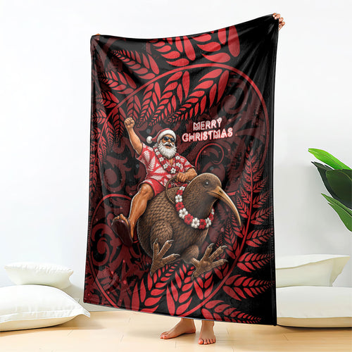 New Zealand Christmas Blanket Red Santa Riding Kiwi Bird Silver Fern
