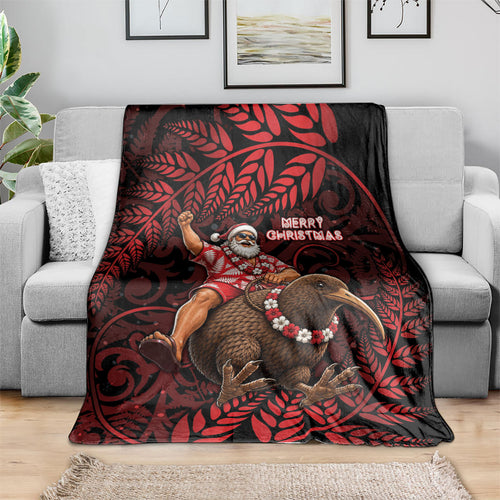 New Zealand Christmas Blanket Red Santa Riding Kiwi Bird Silver Fern