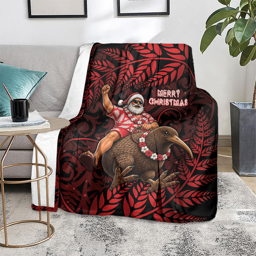 New Zealand Christmas Blanket Red Santa Riding Kiwi Bird Silver Fern