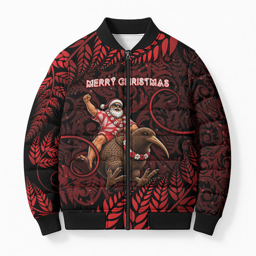 New Zealand Christmas Bomber Puffer Jacket Red Santa Riding Kiwi Bird Silver Fern