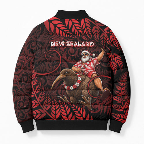 New Zealand Christmas Bomber Puffer Jacket Red Santa Riding Kiwi Bird Silver Fern