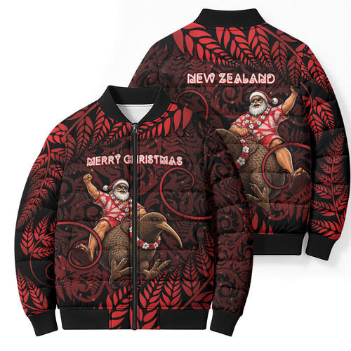 New Zealand Christmas Bomber Puffer Jacket Red Santa Riding Kiwi Bird Silver Fern
