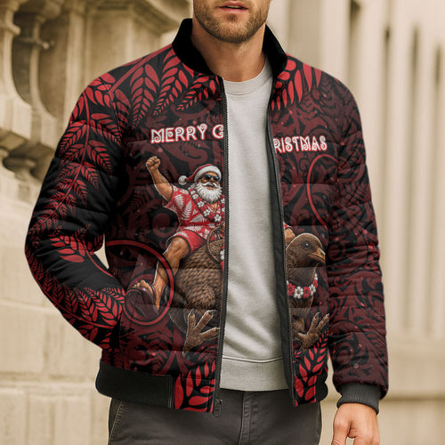 New Zealand Christmas Bomber Puffer Jacket Red Santa Riding Kiwi Bird Silver Fern