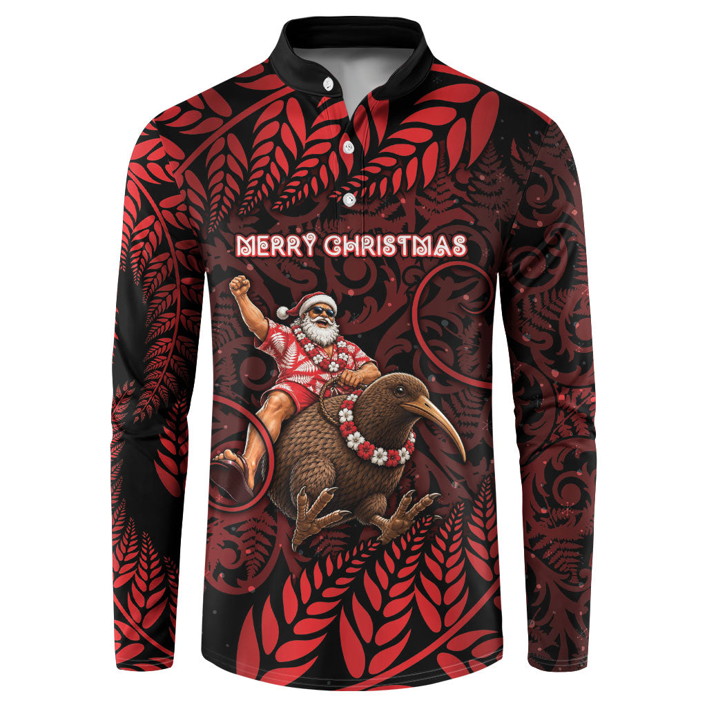 New Zealand Christmas Button Sweatshirt Red Santa Riding Kiwi Bird Silver Fern