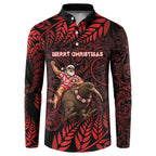 New Zealand Christmas Button Sweatshirt Red Santa Riding Kiwi Bird Silver Fern