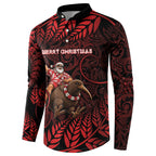 New Zealand Christmas Button Sweatshirt Red Santa Riding Kiwi Bird Silver Fern