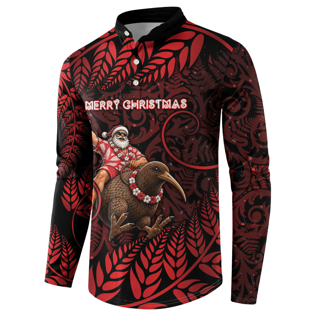 New Zealand Christmas Button Sweatshirt Red Santa Riding Kiwi Bird Silver Fern