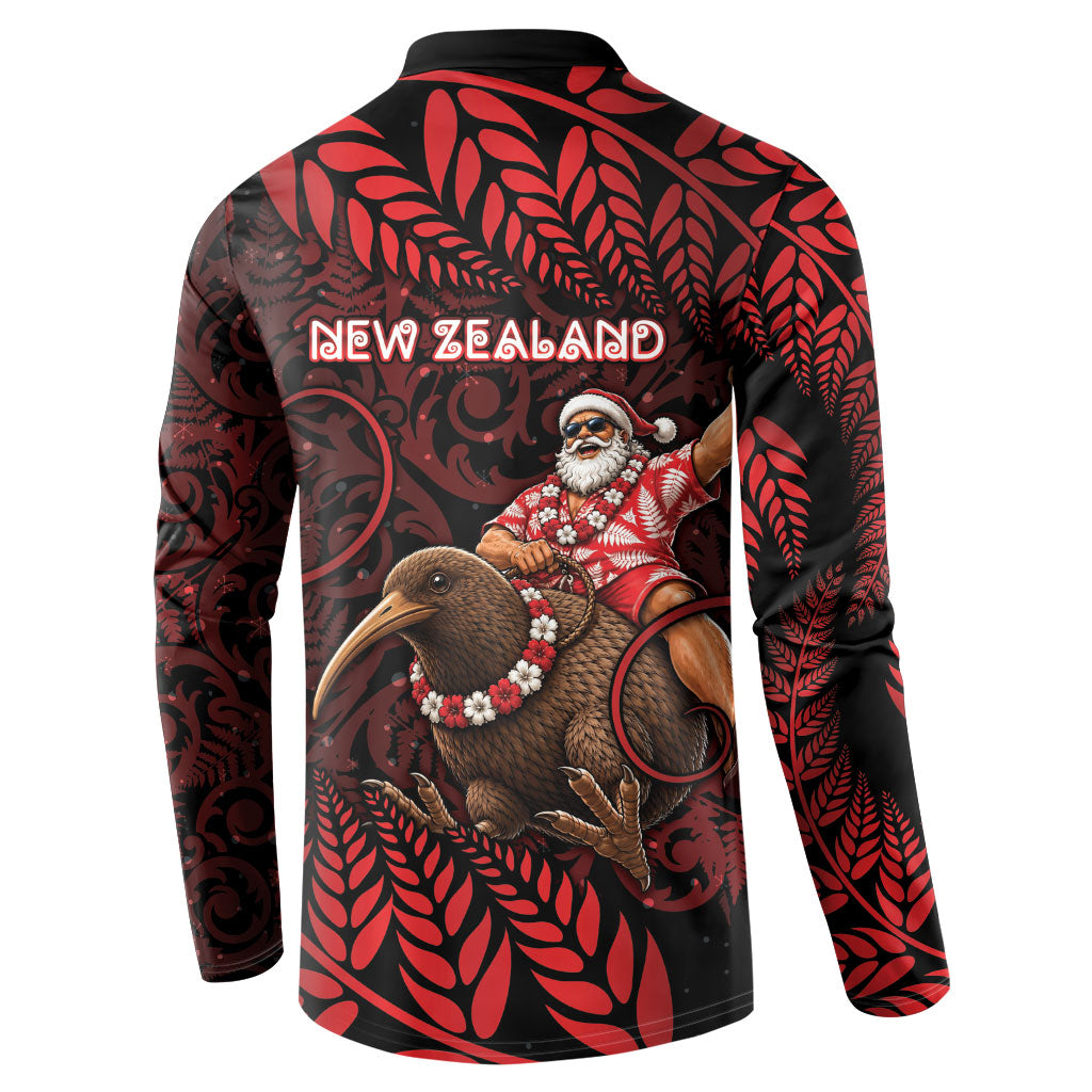 New Zealand Christmas Button Sweatshirt Red Santa Riding Kiwi Bird Silver Fern