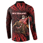 New Zealand Christmas Button Sweatshirt Red Santa Riding Kiwi Bird Silver Fern
