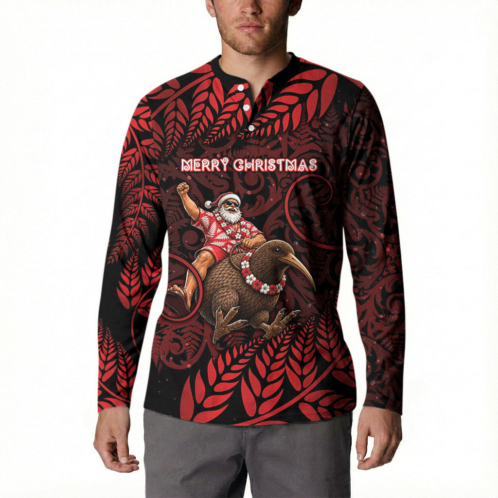 New Zealand Christmas Button Sweatshirt Red Santa Riding Kiwi Bird Silver Fern