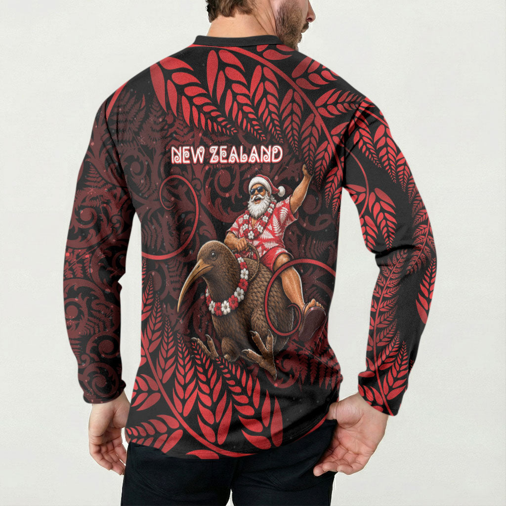 New Zealand Christmas Button Sweatshirt Red Santa Riding Kiwi Bird Silver Fern