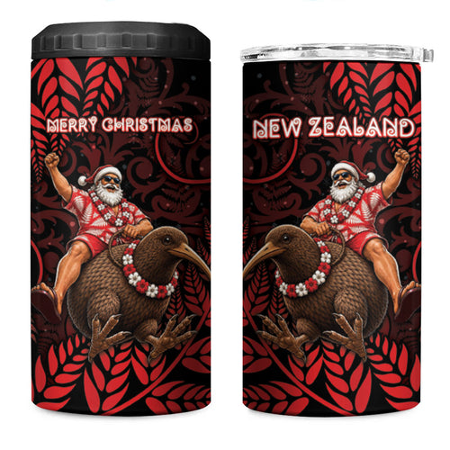 New Zealand Christmas 4 in 1 Can Cooler Tumbler Red Santa Riding Kiwi Bird Silver Fern