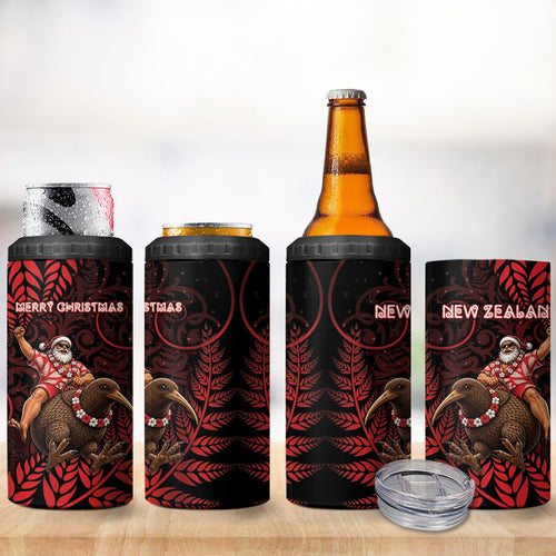 New Zealand Christmas 4 in 1 Can Cooler Tumbler Red Santa Riding Kiwi Bird Silver Fern