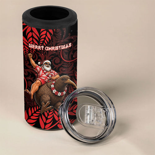 New Zealand Christmas 4 in 1 Can Cooler Tumbler Red Santa Riding Kiwi Bird Silver Fern