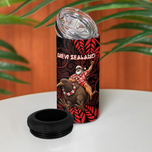 New Zealand Christmas 4 in 1 Can Cooler Tumbler Red Santa Riding Kiwi Bird Silver Fern
