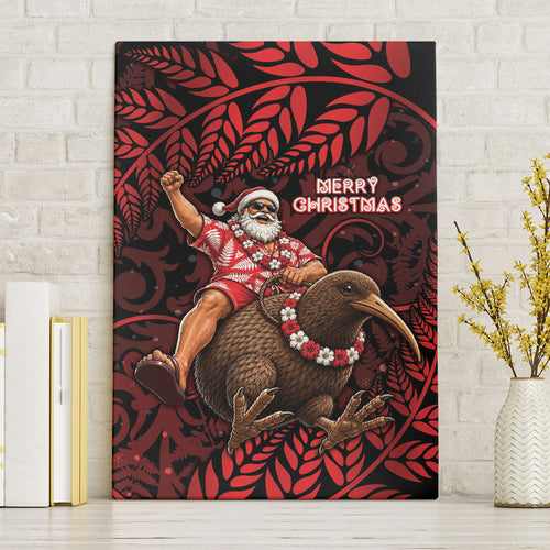 New Zealand Christmas Canvas Wall Art Red Santa Riding Kiwi Bird Silver Fern