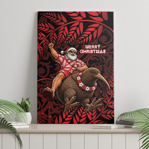 New Zealand Christmas Canvas Wall Art Red Santa Riding Kiwi Bird Silver Fern