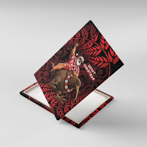 New Zealand Christmas Canvas Wall Art Red Santa Riding Kiwi Bird Silver Fern