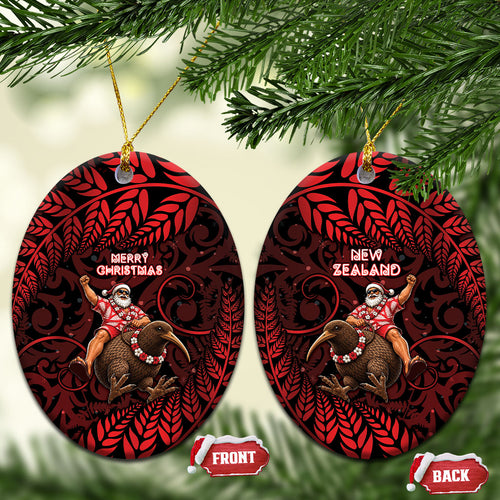 New Zealand Christmas Ceramic Ornament Red Santa Riding Kiwi Bird Silver Fern