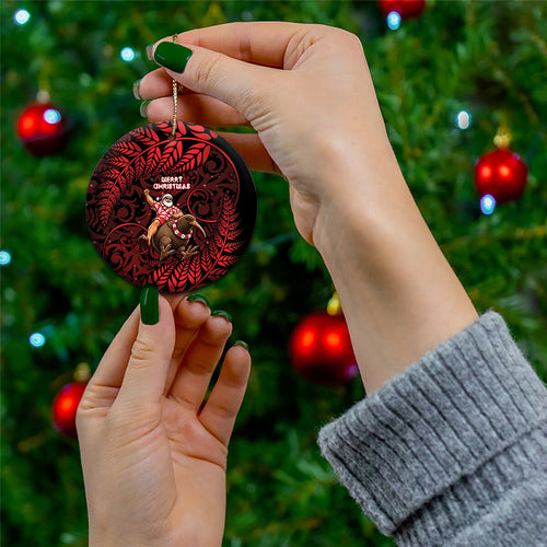 New Zealand Christmas Ceramic Ornament Red Santa Riding Kiwi Bird Silver Fern