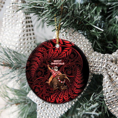 New Zealand Christmas Ceramic Ornament Red Santa Riding Kiwi Bird Silver Fern