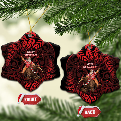 New Zealand Christmas Ceramic Ornament Red Santa Riding Kiwi Bird Silver Fern