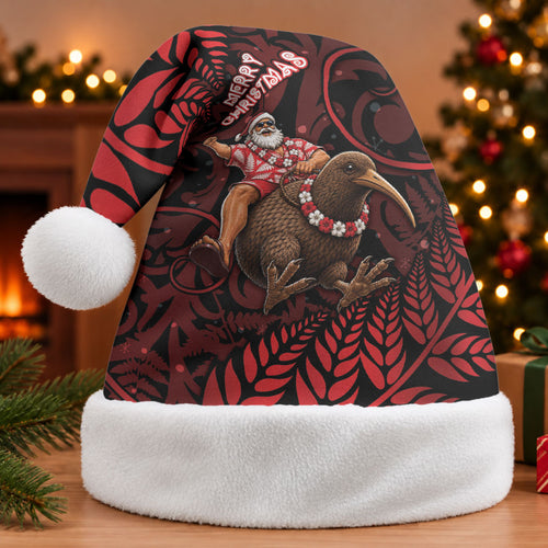 New Zealand Christmas Santa Hat Red Santa Riding Kiwi Bird Silver Fern