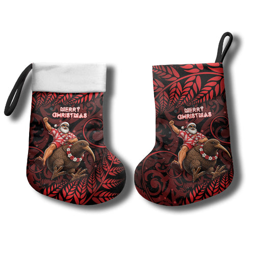New Zealand Christmas Stocking Red Santa Riding Kiwi Bird Silver Fern
