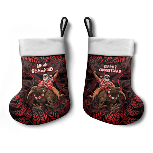 New Zealand Christmas Stocking Red Santa Riding Kiwi Bird Silver Fern